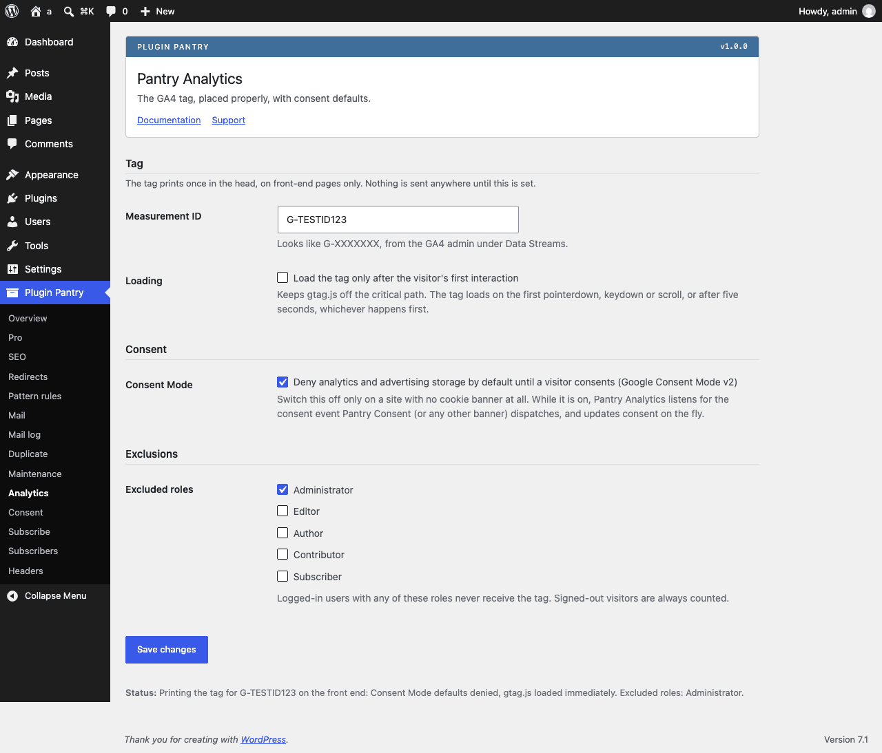 The Pantry Analytics settings screen in the WordPress admin, at Plugin Pantry > Analytics.