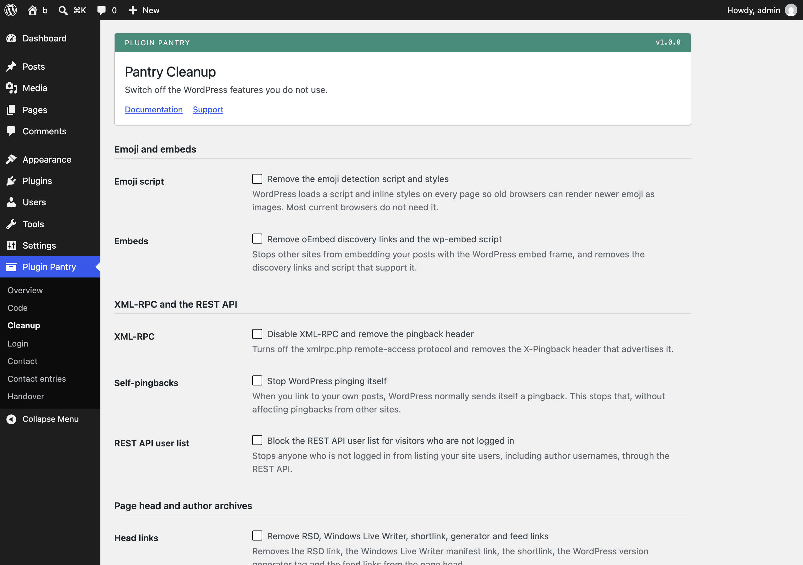 The Pantry Cleanup settings screen in the WordPress admin, at Plugin Pantry > Cleanup.