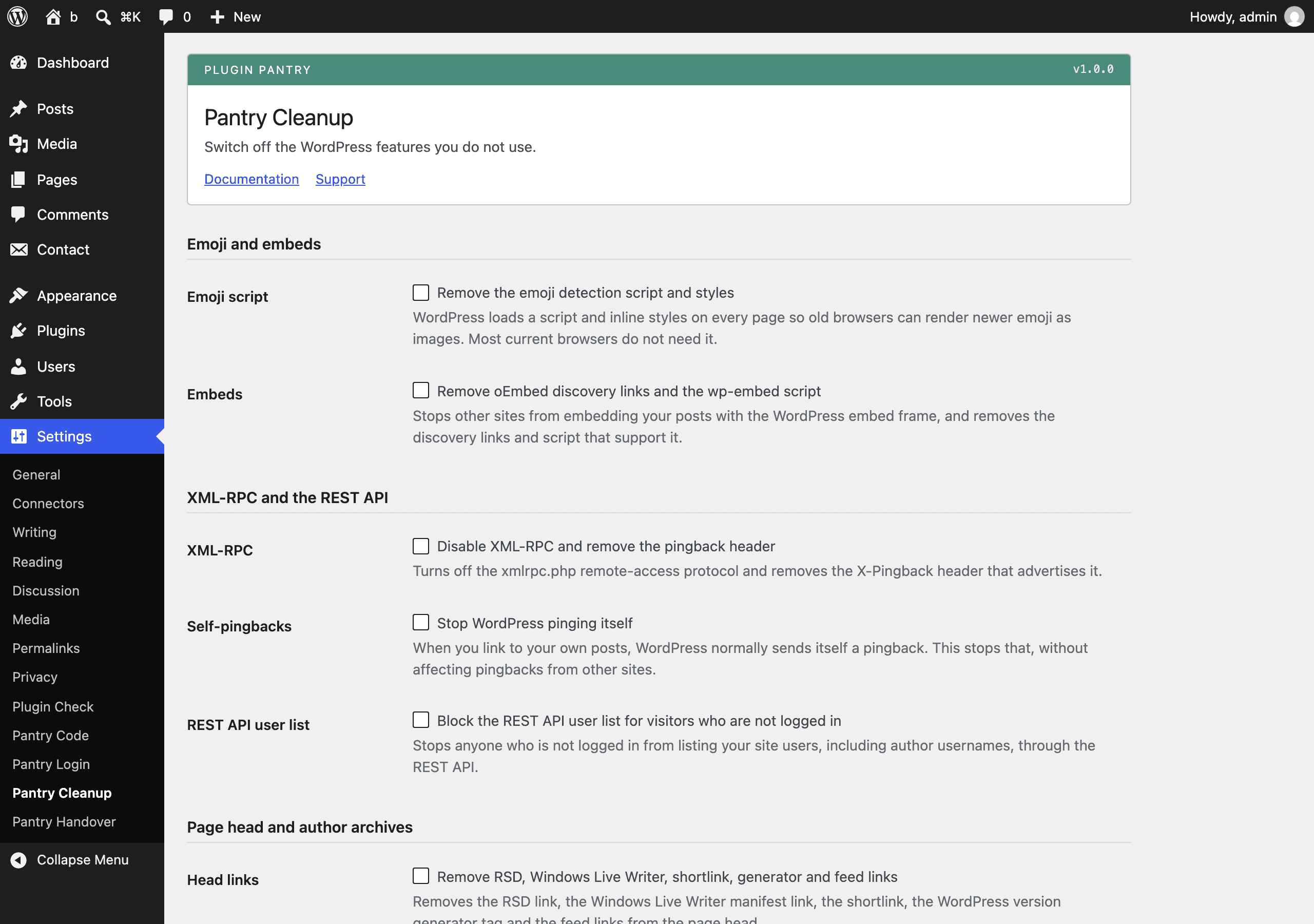The Pantry Cleanup settings screen in the WordPress admin, at Settings > Pantry Cleanup.