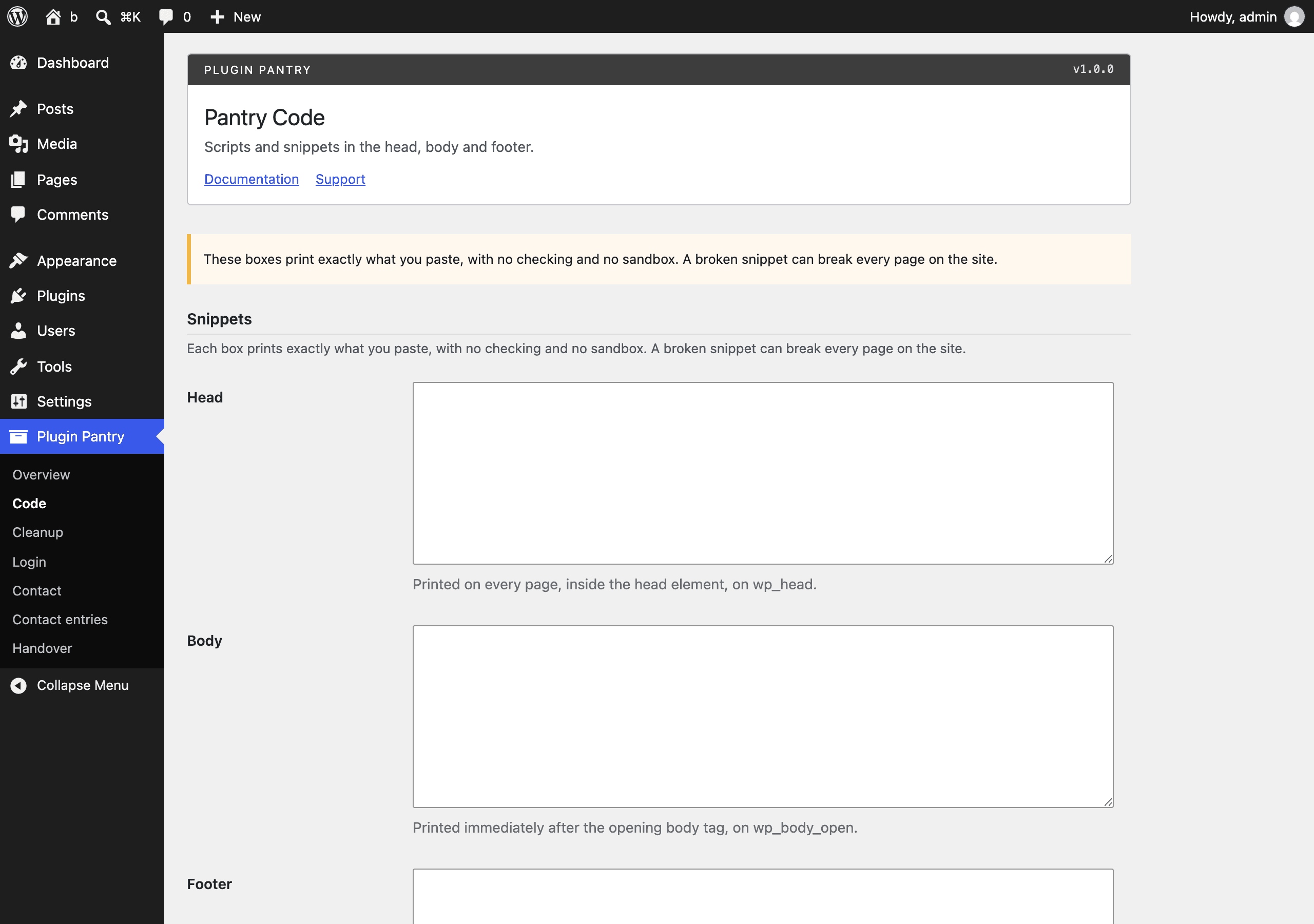The Pantry Code settings screen in the WordPress admin, at Plugin Pantry > Code.
