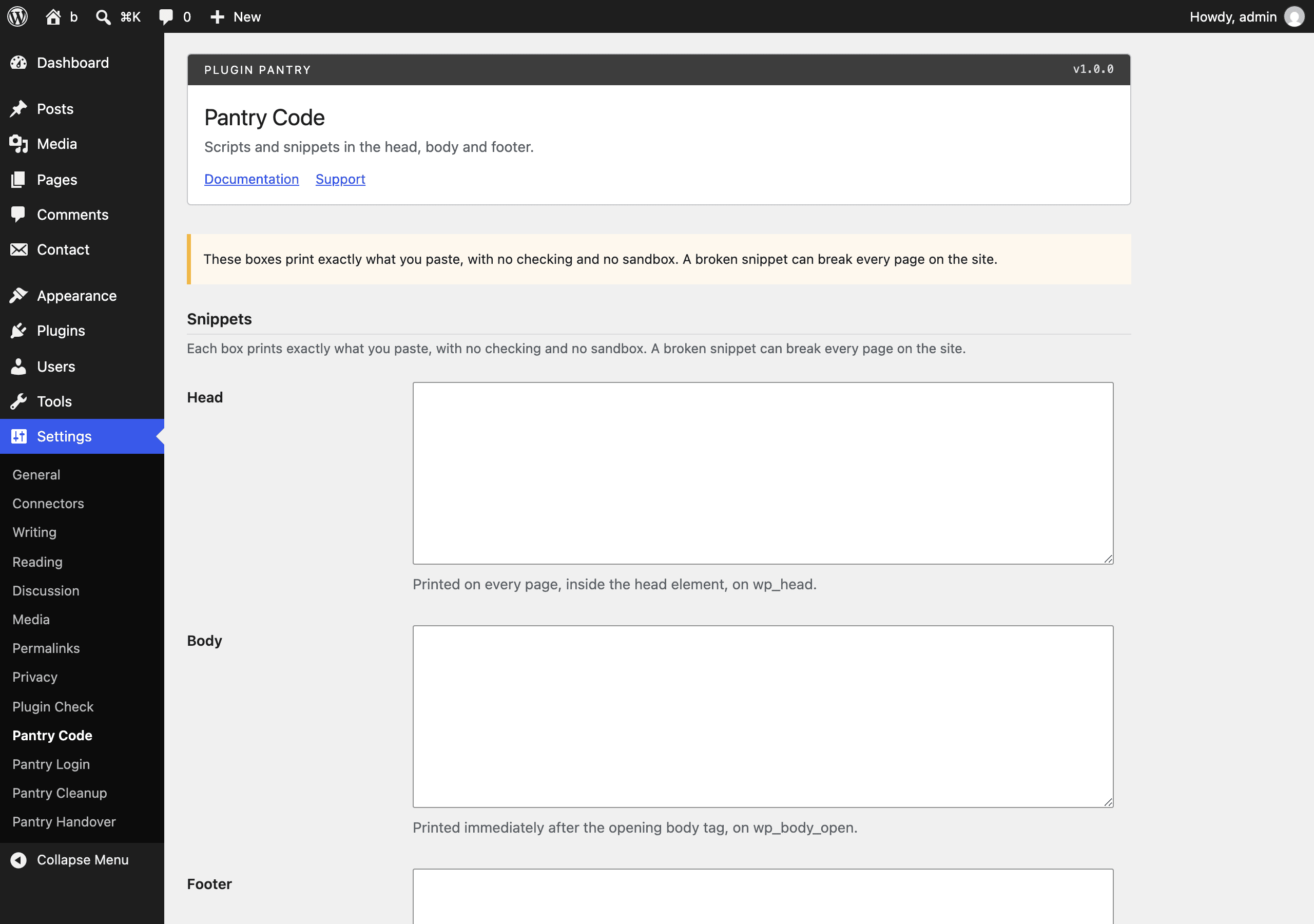 The Pantry Code settings screen in the WordPress admin, at Settings > Pantry Code.