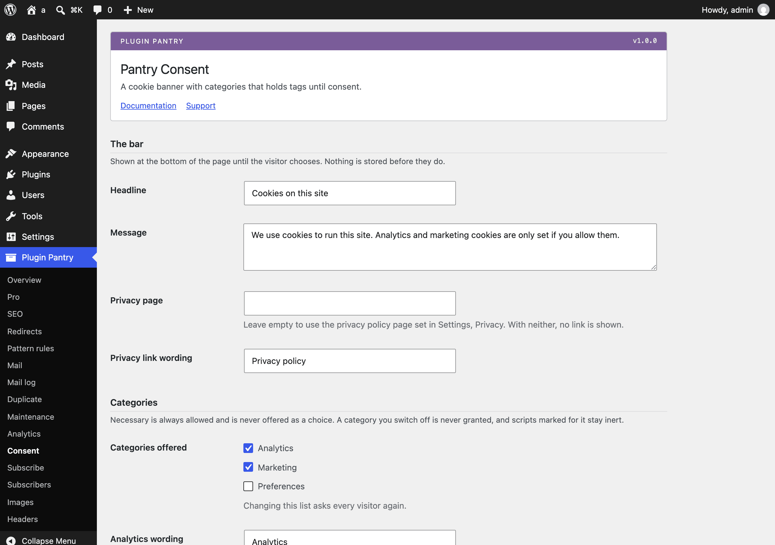 The Pantry Consent settings screen in the WordPress admin, at Plugin Pantry > Consent.