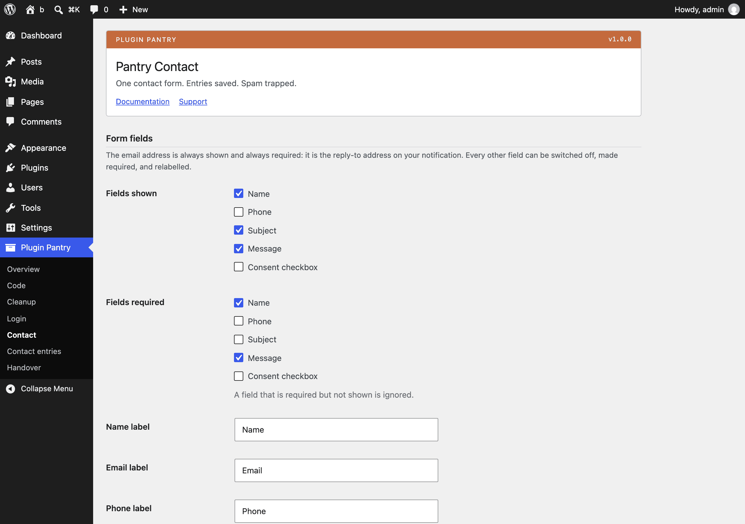 The Pantry Contact settings screen in the WordPress admin, at Plugin Pantry > Contact (and Contact entries).