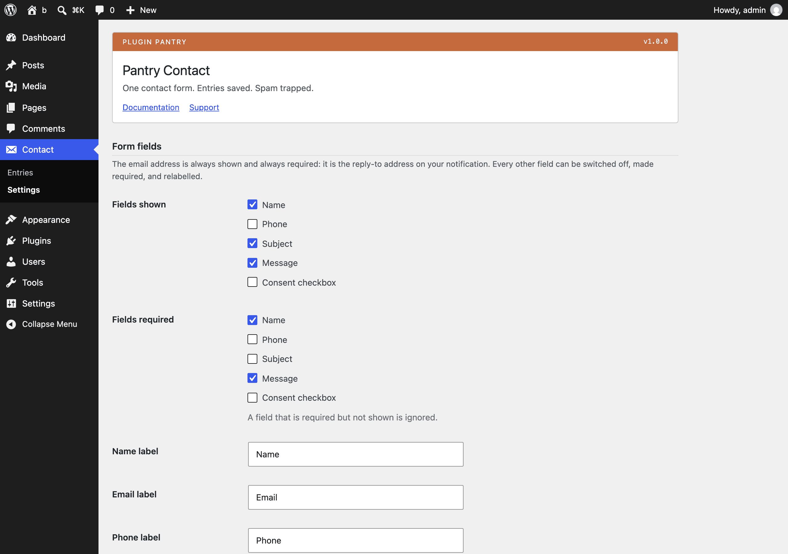 The Pantry Contact settings screen in the WordPress admin, at Contact (top level, owns the entries post type).