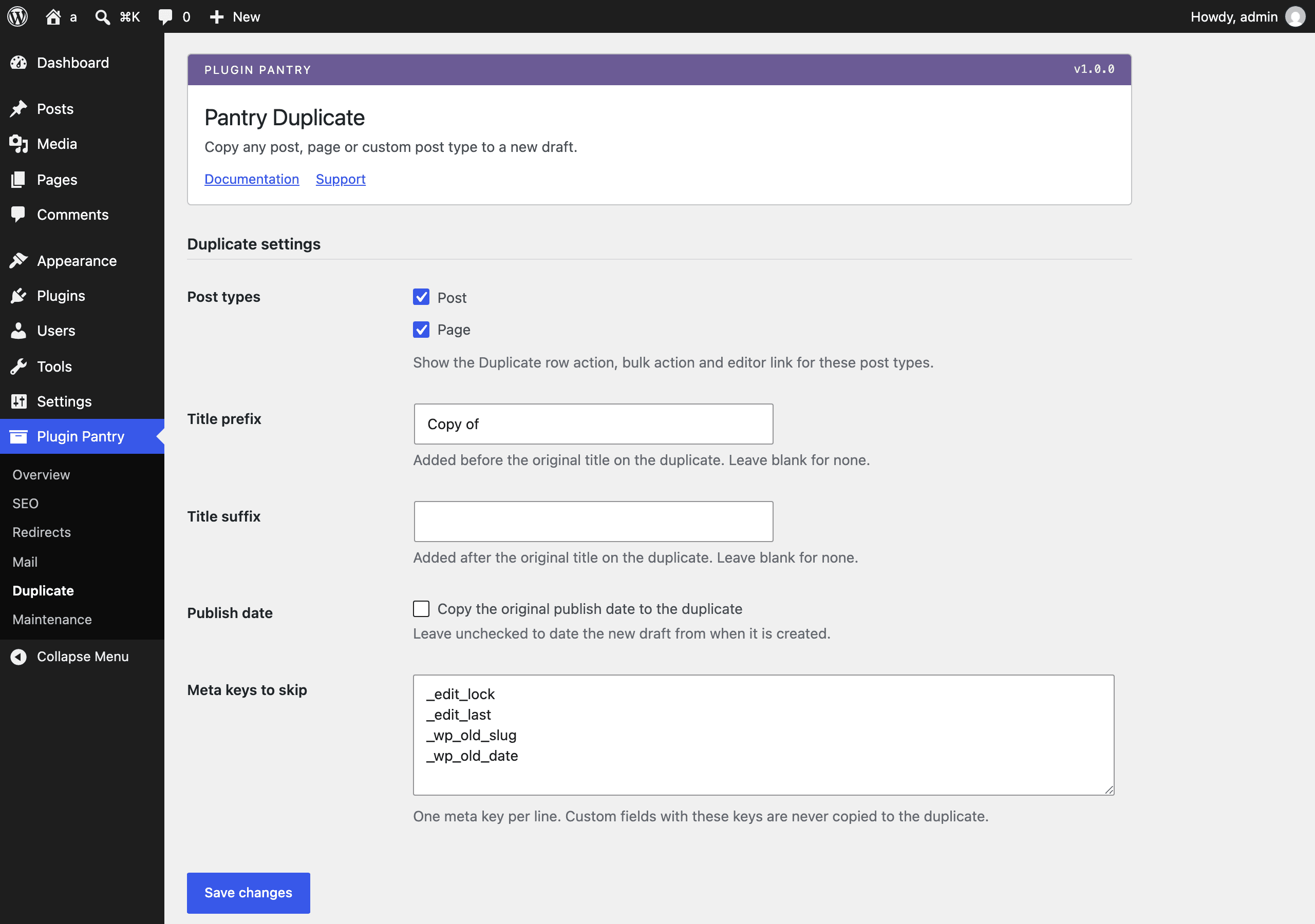 The Pantry Duplicate settings screen in the WordPress admin, at Plugin Pantry > Duplicate.