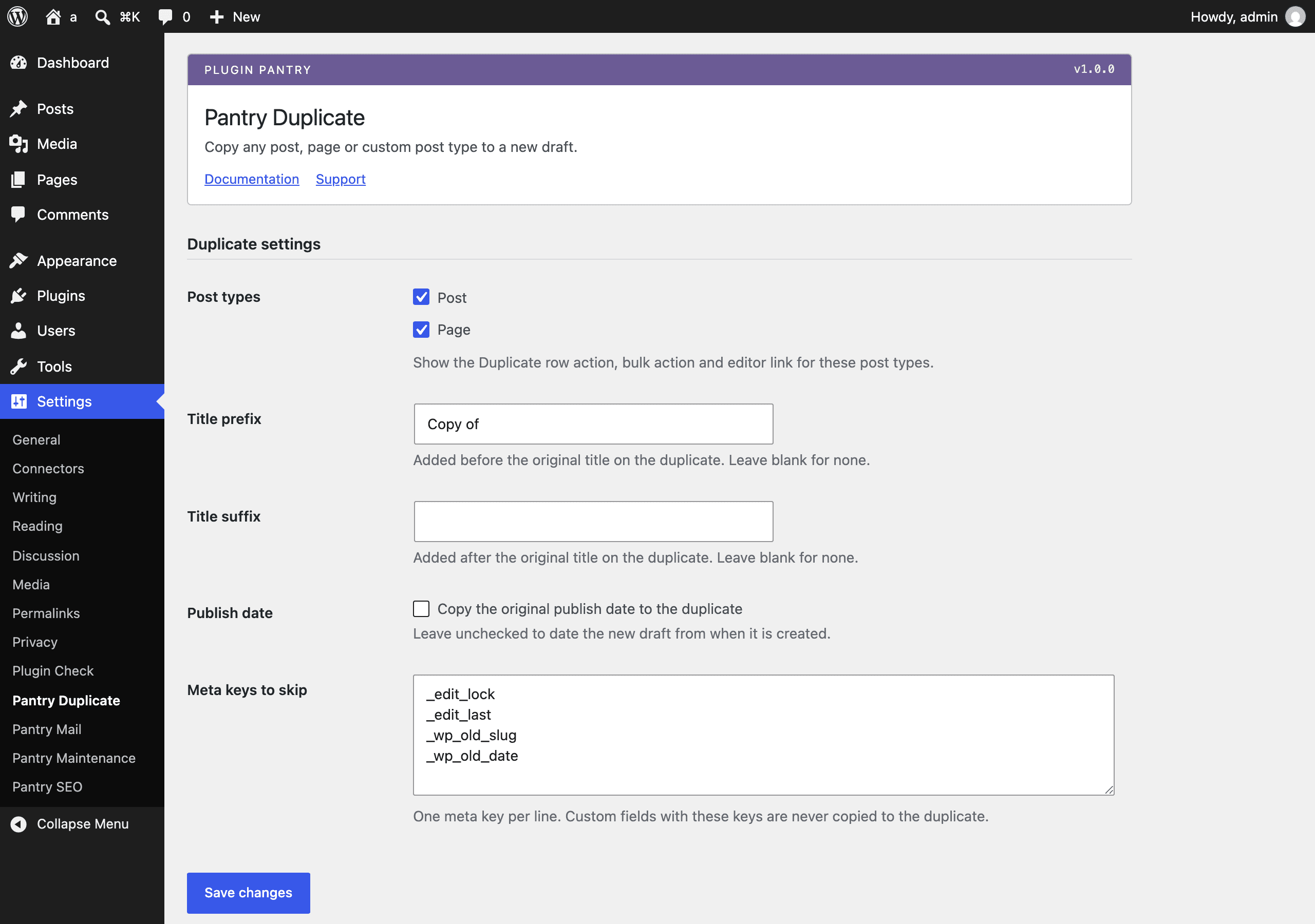 The Pantry Duplicate settings screen in the WordPress admin, at Settings > Pantry Duplicate.