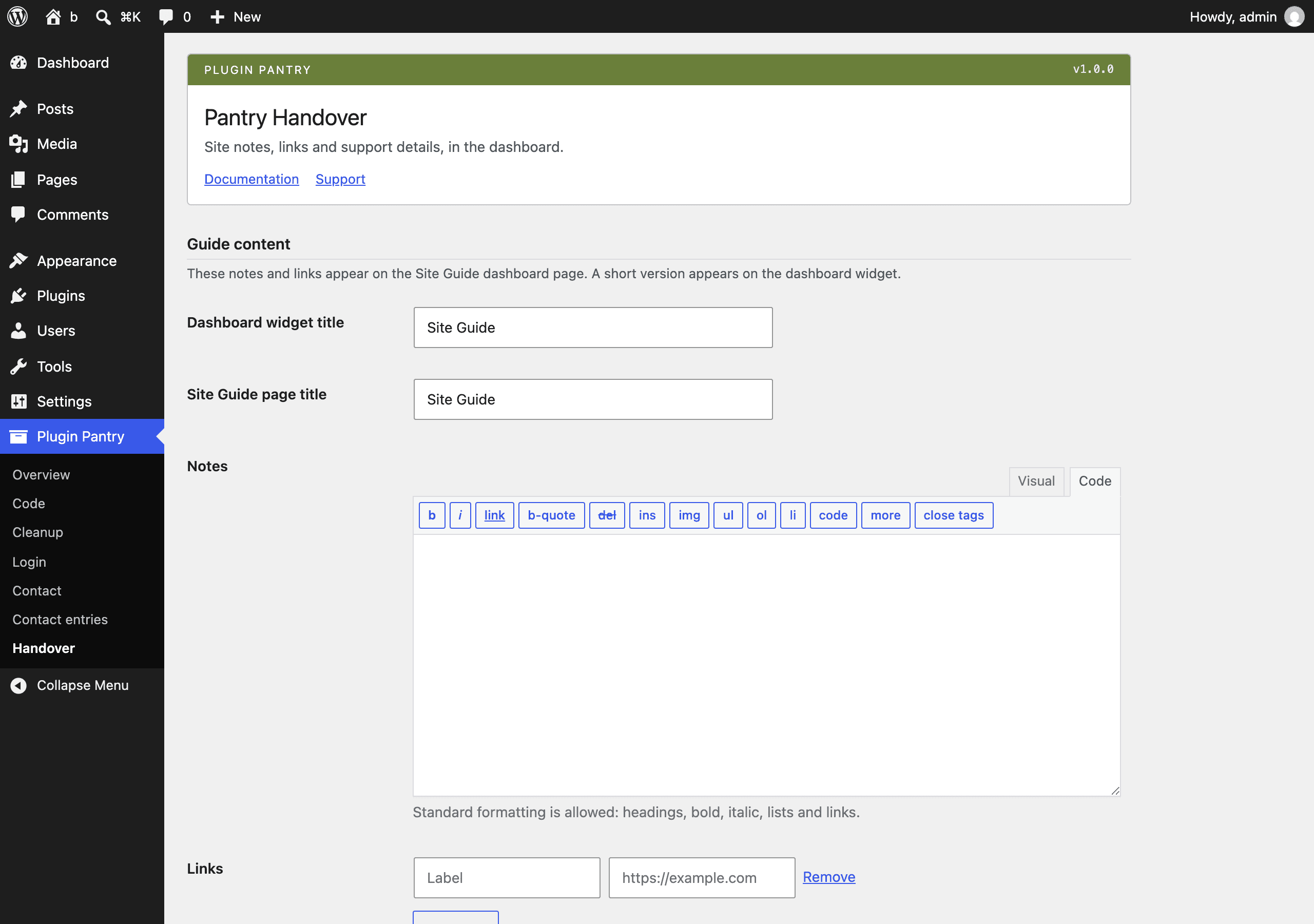 The Pantry Handover settings screen in the WordPress admin, at Plugin Pantry > Handover and Dashboard > Site Guide.