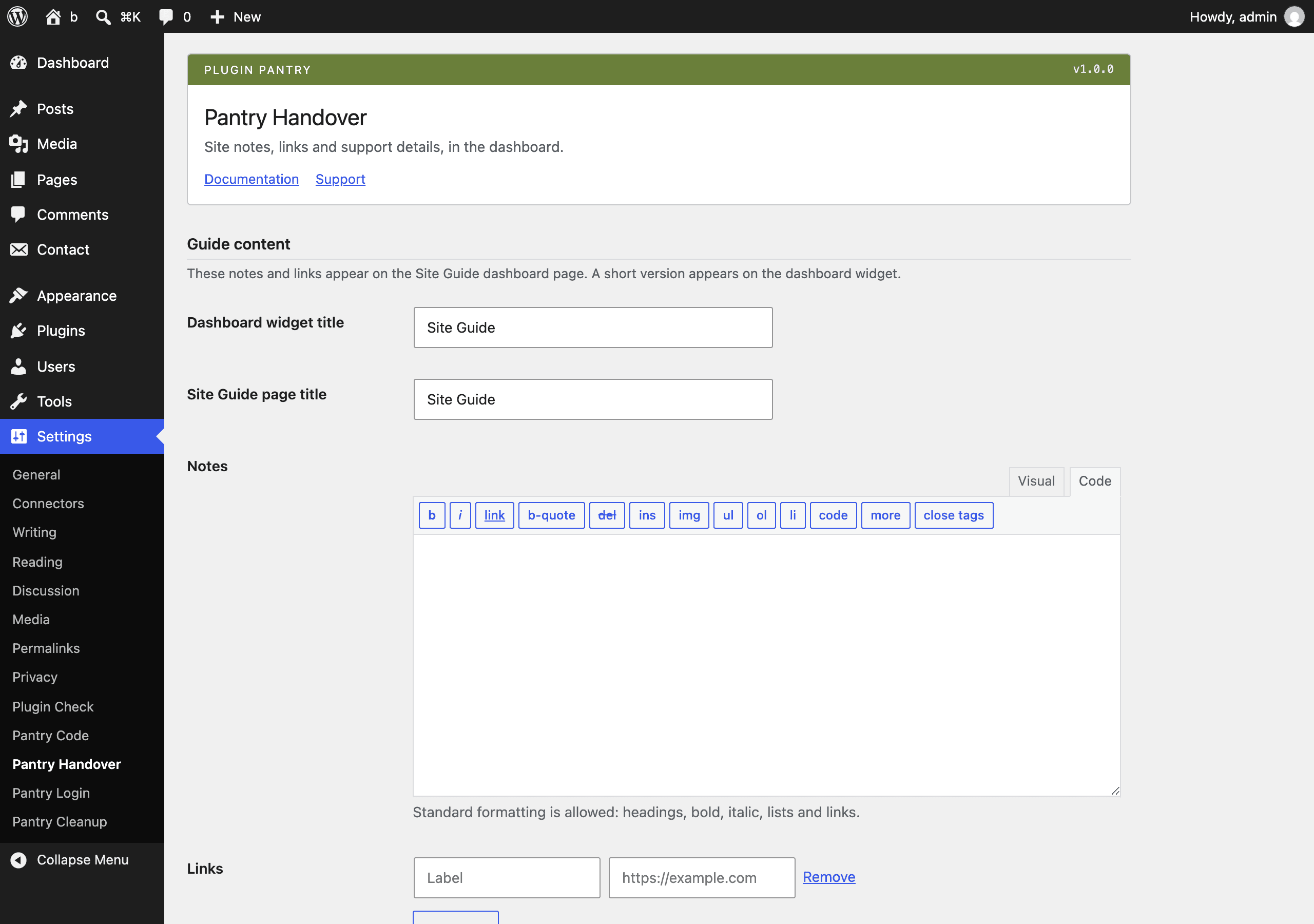 The Pantry Handover settings screen in the WordPress admin, at Settings > Pantry Handover and Dashboard > Site Guide.