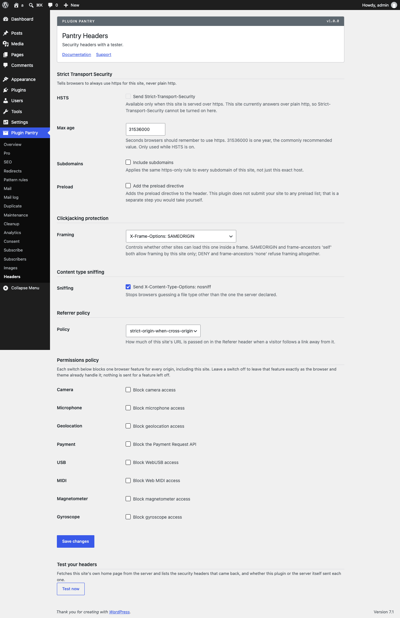 The Pantry Headers settings screen in the WordPress admin, at Plugin Pantry > Headers.
