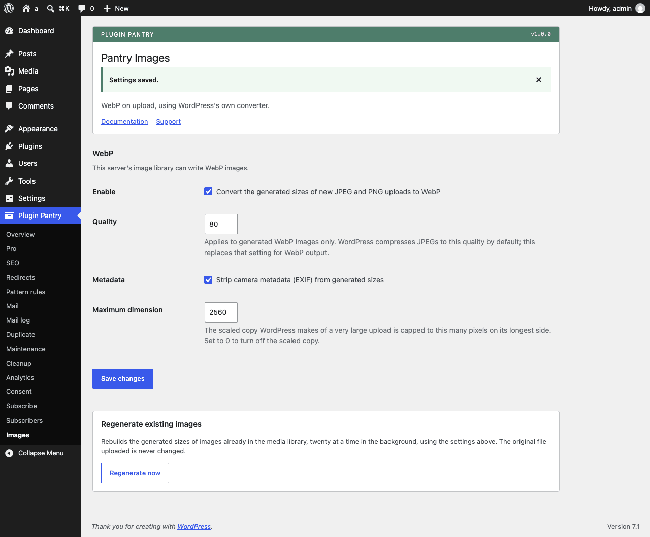The Pantry Images settings screen in the WordPress admin, at Plugin Pantry > Images.
