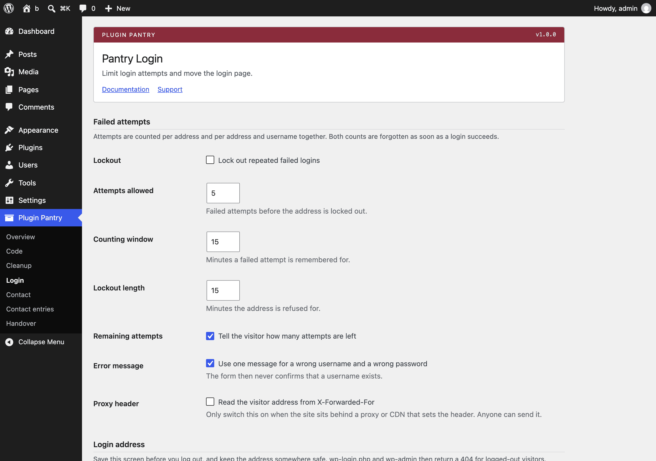 The Pantry Login settings screen in the WordPress admin, at Plugin Pantry > Login.