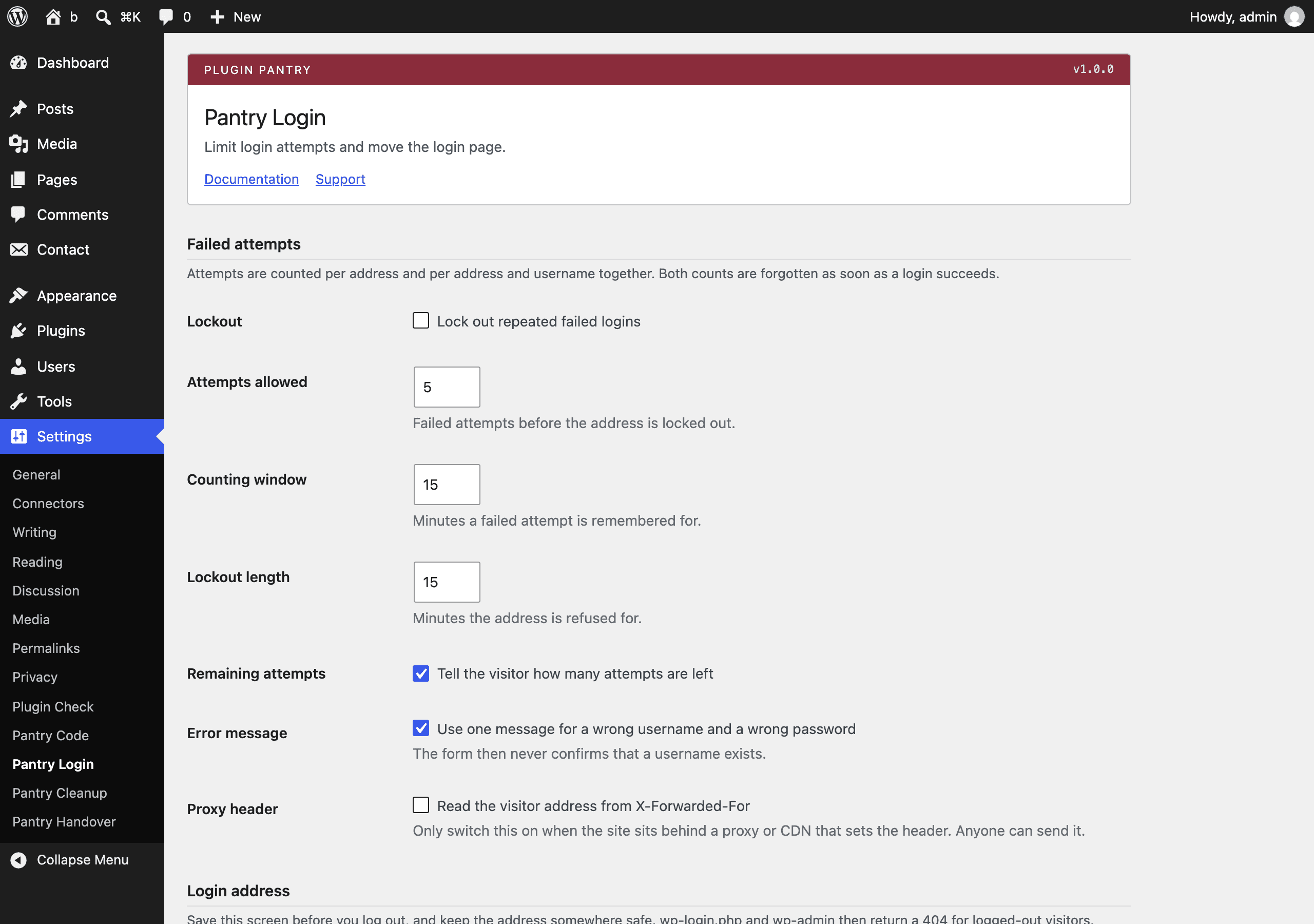 The Pantry Login settings screen in the WordPress admin, at Settings > Pantry Login.