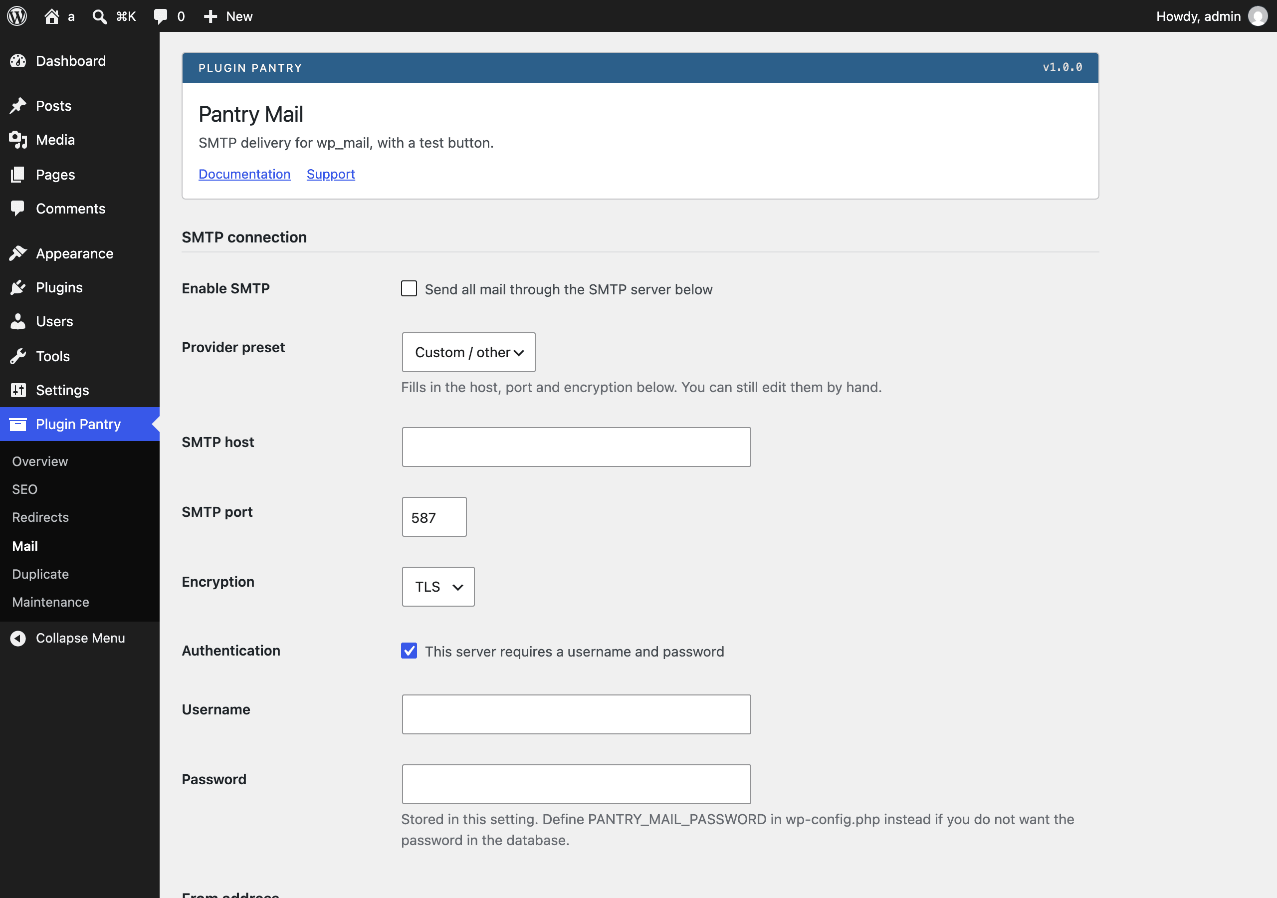 The Pantry Mail settings screen in the WordPress admin, at Plugin Pantry > Mail.
