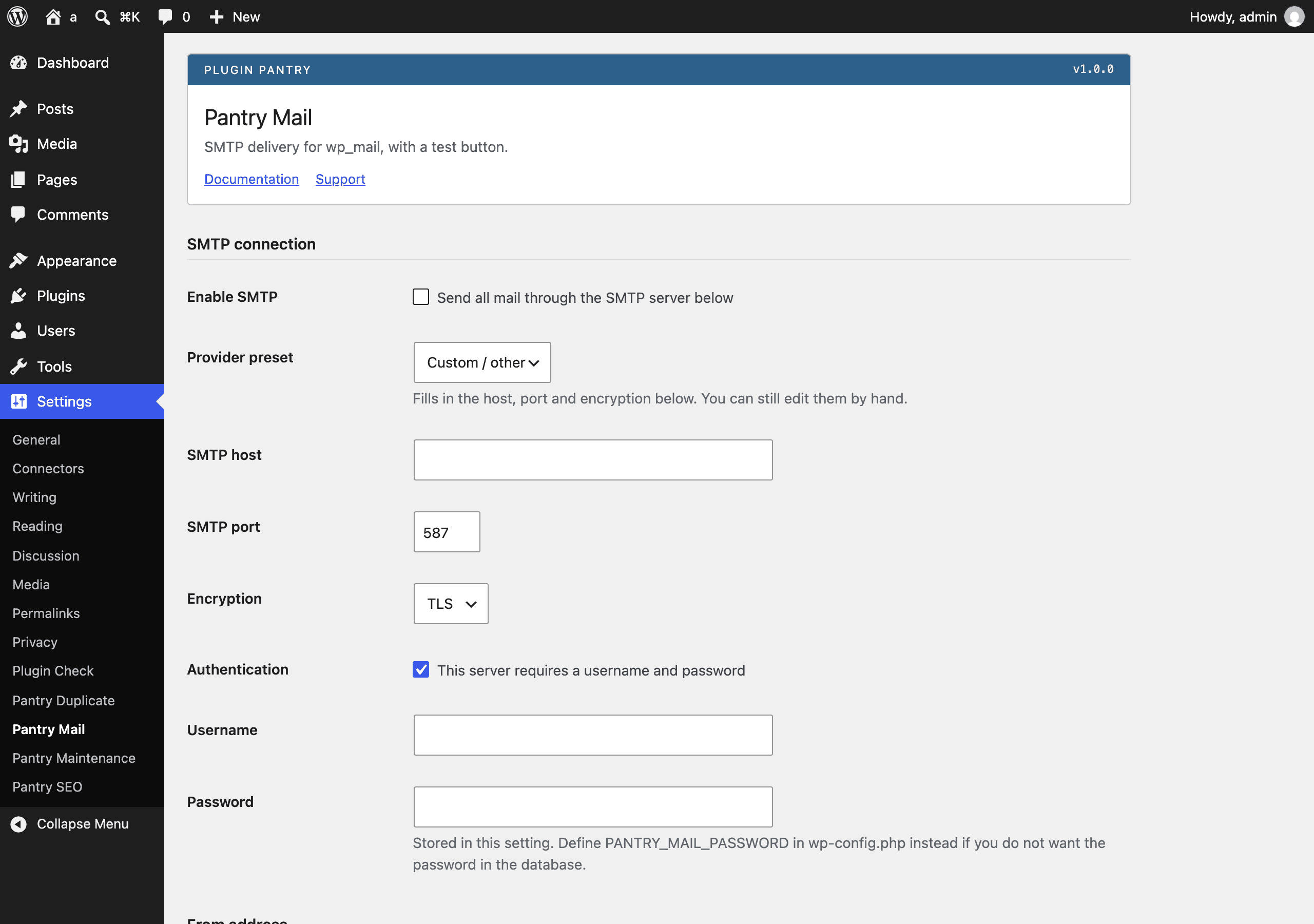 The Pantry Mail settings screen in the WordPress admin, at Settings > Pantry Mail.