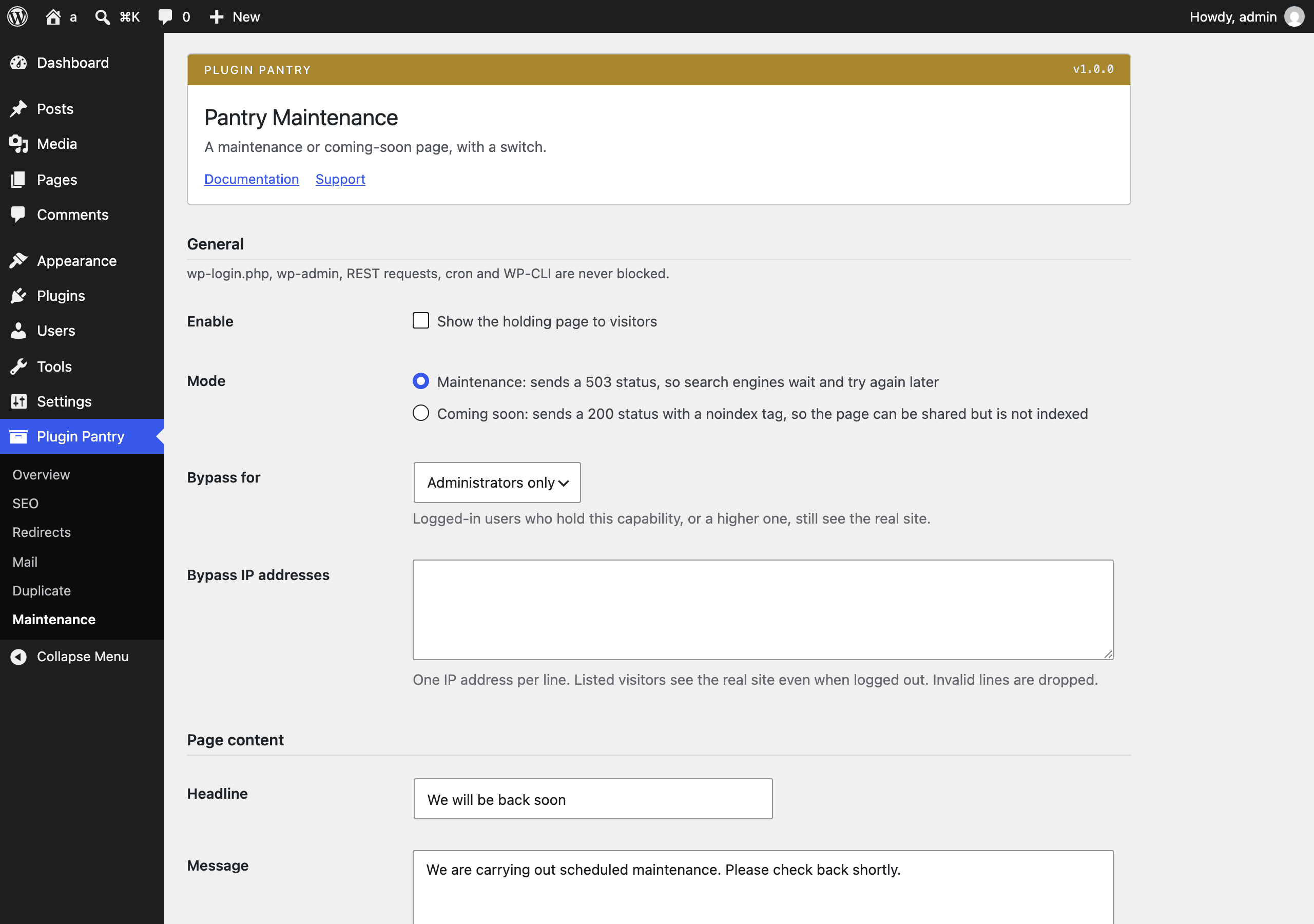 The Pantry Maintenance settings screen in the WordPress admin, at Plugin Pantry > Maintenance.