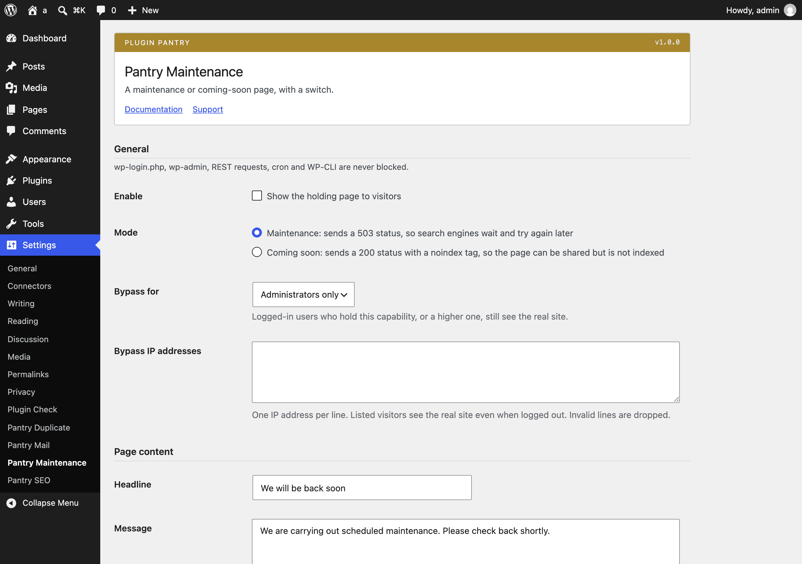 The Pantry Maintenance settings screen in the WordPress admin, at Settings > Pantry Maintenance.