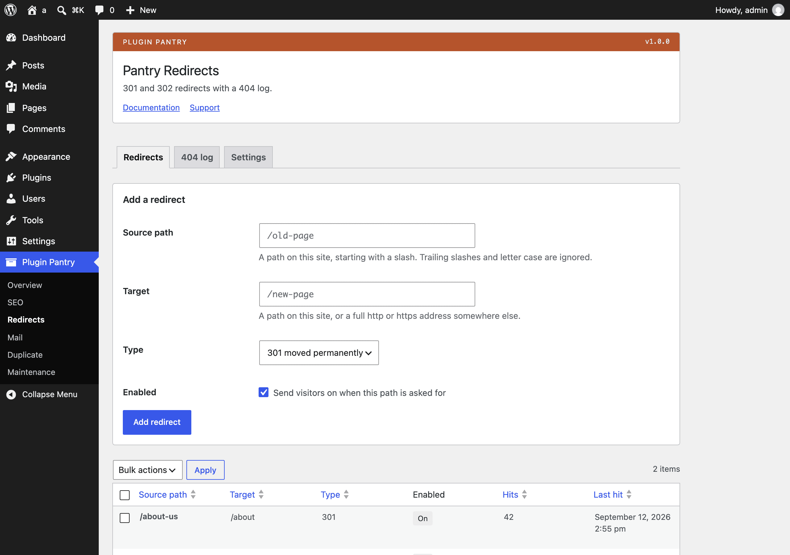The Pantry Redirects settings screen in the WordPress admin, at Plugin Pantry > Redirects.