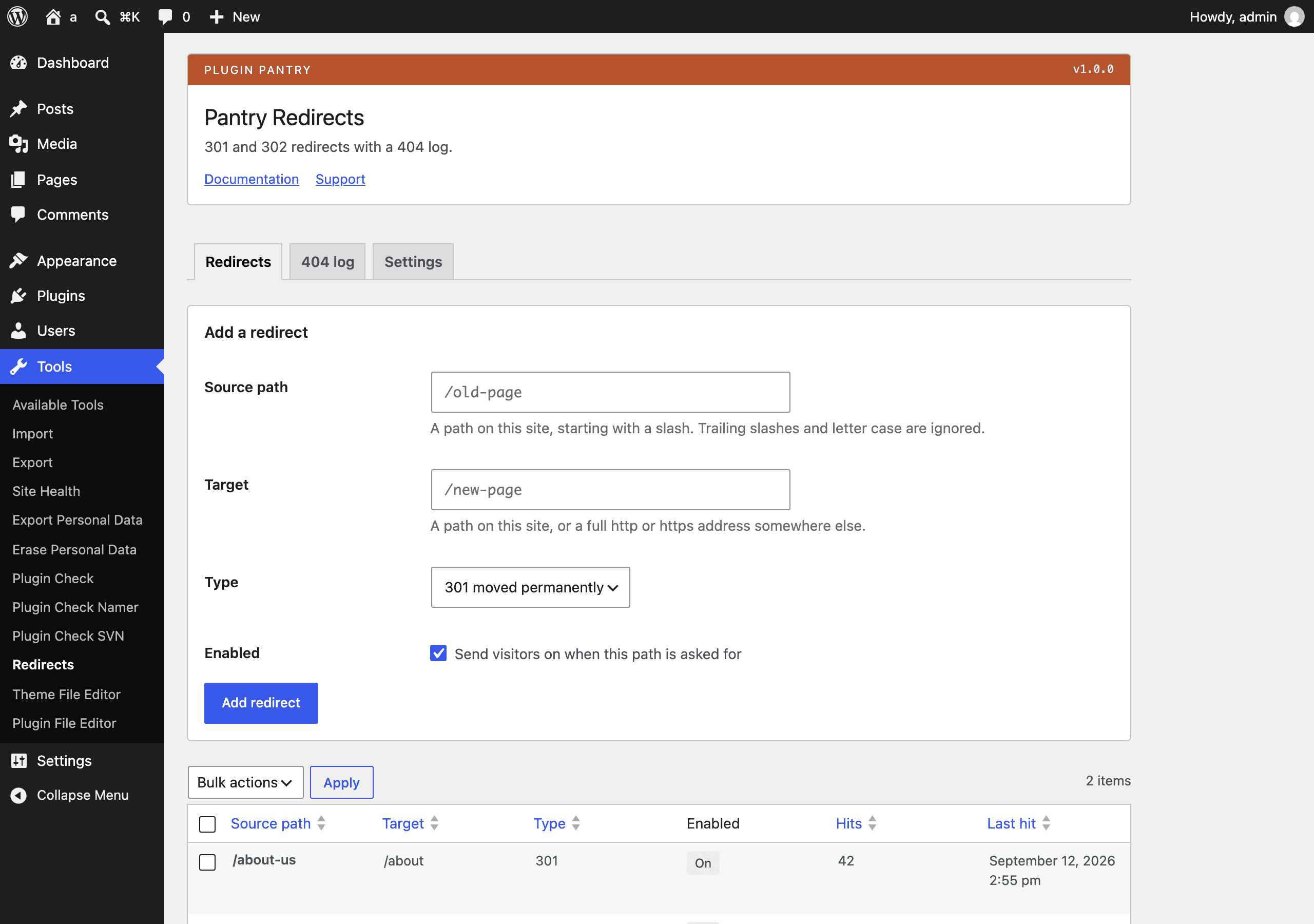 The Pantry Redirects settings screen in the WordPress admin, at Tools > Redirects.