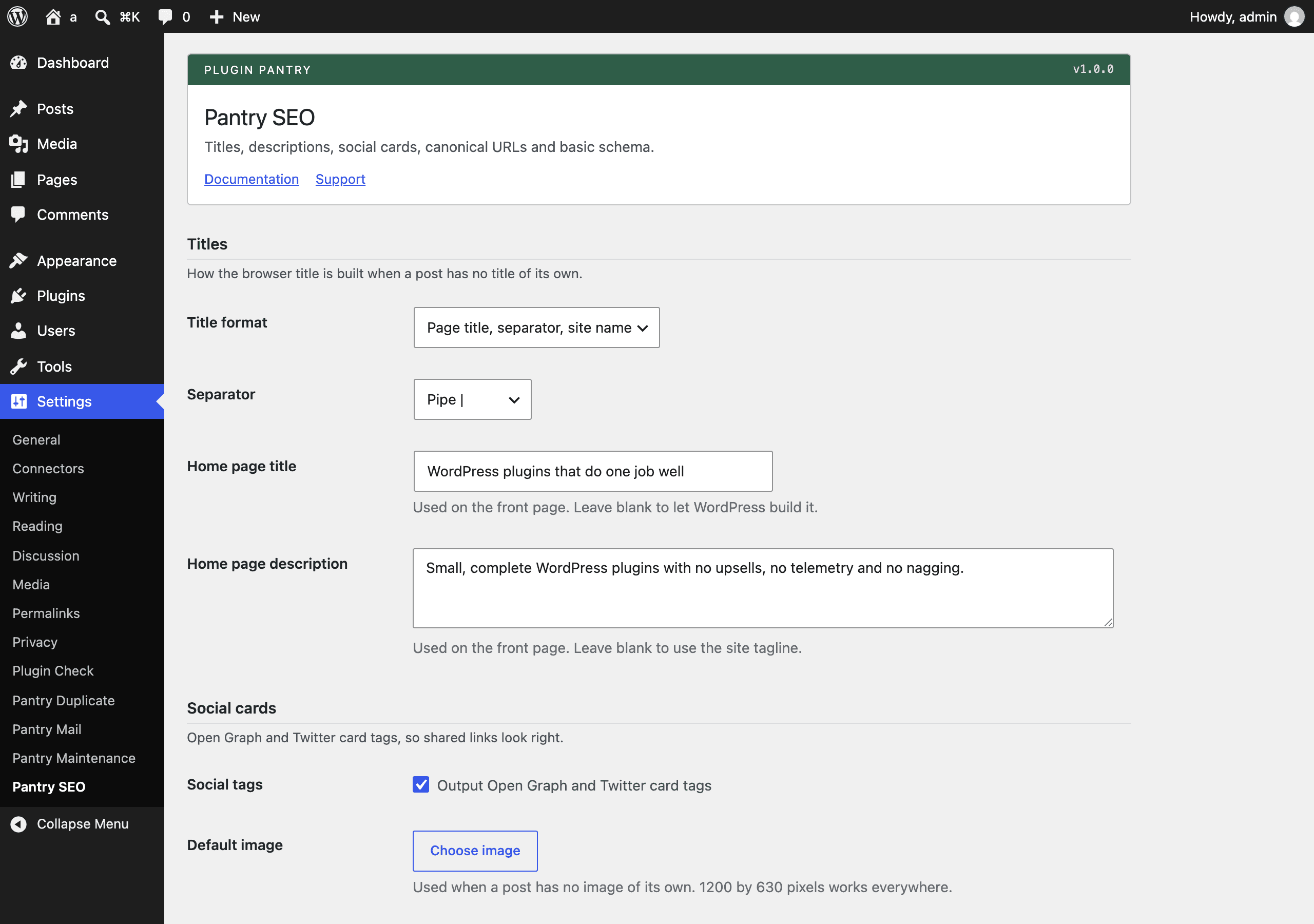 The Pantry SEO settings screen in the WordPress admin, at Settings > Pantry SEO.