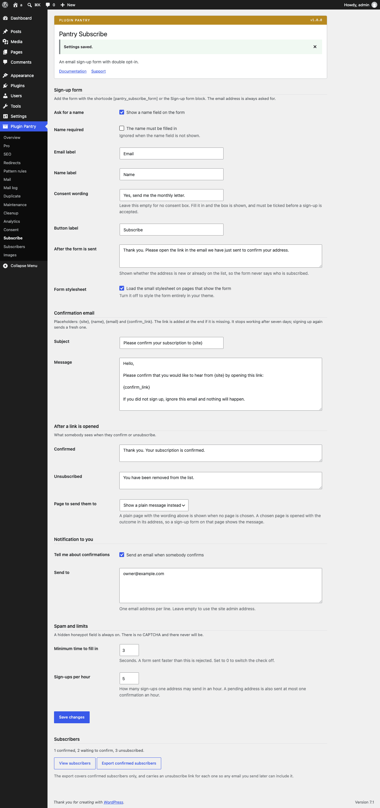 The Pantry Subscribe settings screen in the WordPress admin, at Plugin Pantry > Subscribe (and Subscribers).